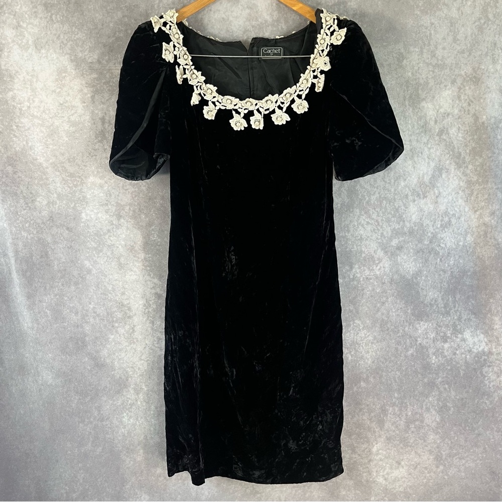 Cachet by Bari Protas Velvet Cocktail Dress Womens Black Lace Pearl Trim Vintage
